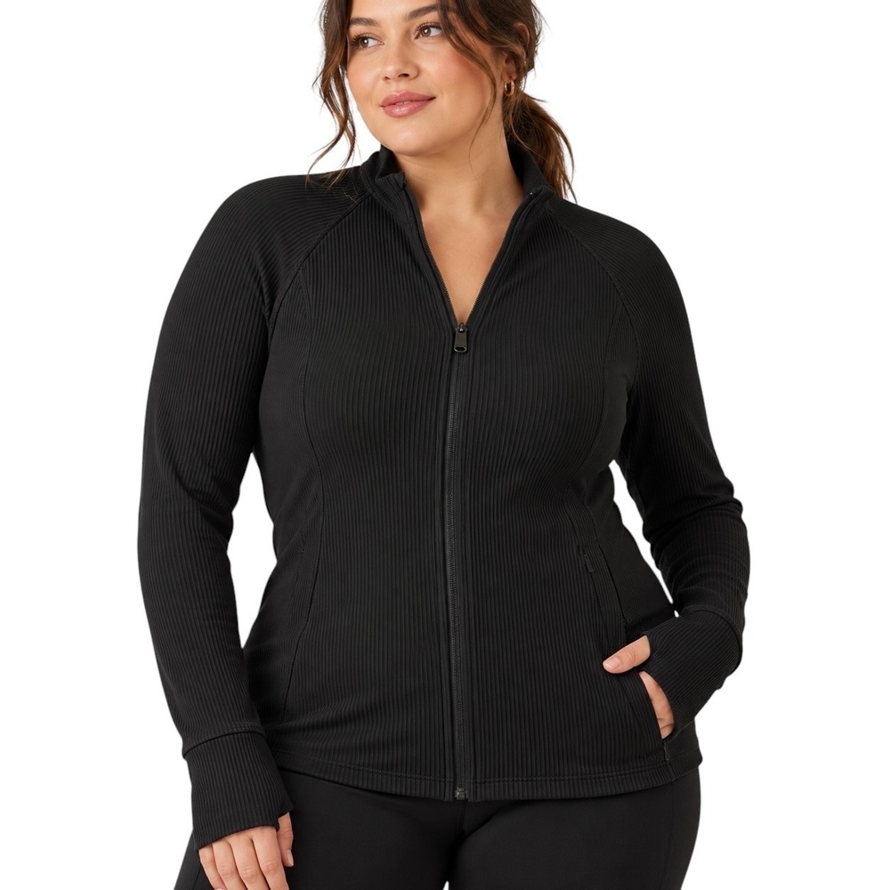 Athleta 2X Salutation Black Ribbed Jacket Full Zip Mock Neck Plus Sized
